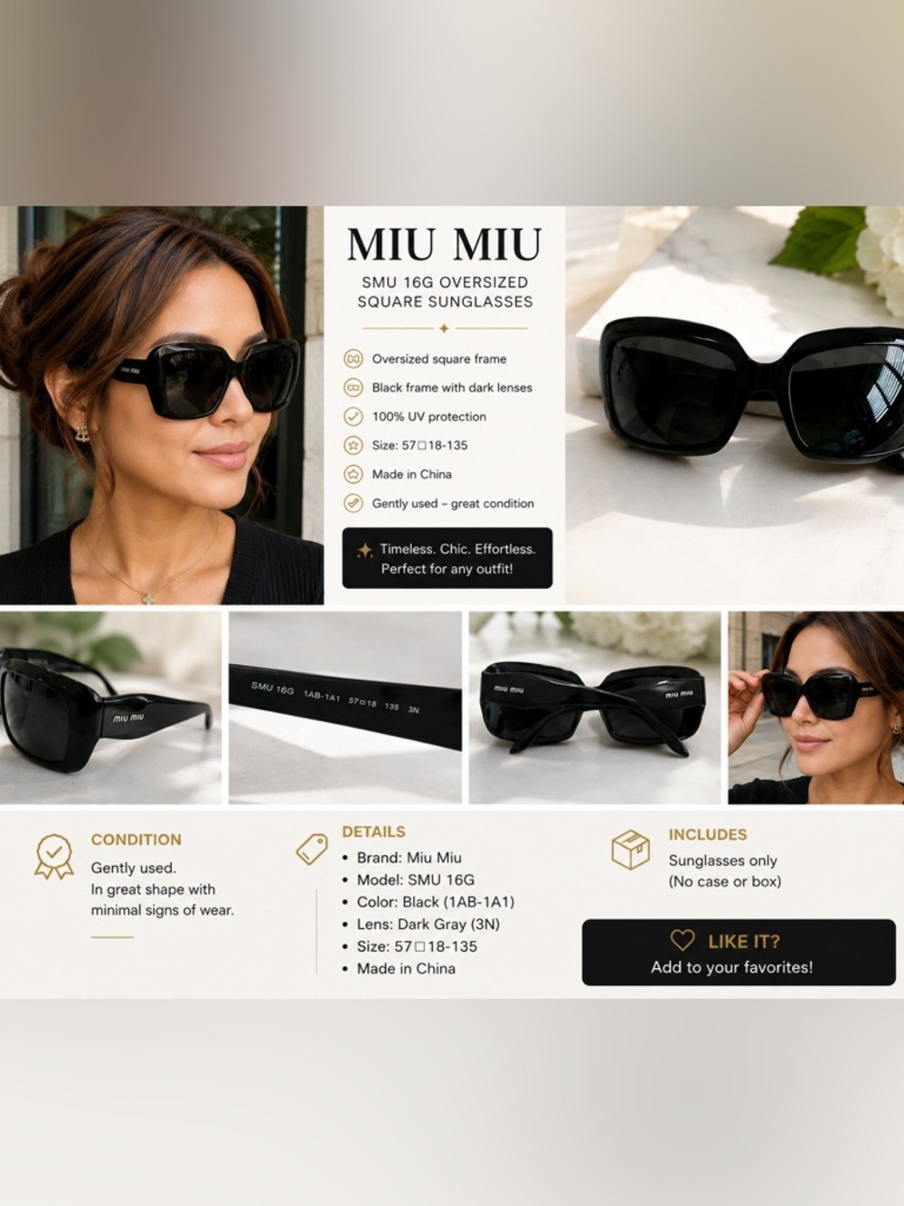 Miu Miu SMU 16G Oversized Square Black Sunglasses 57-18-135